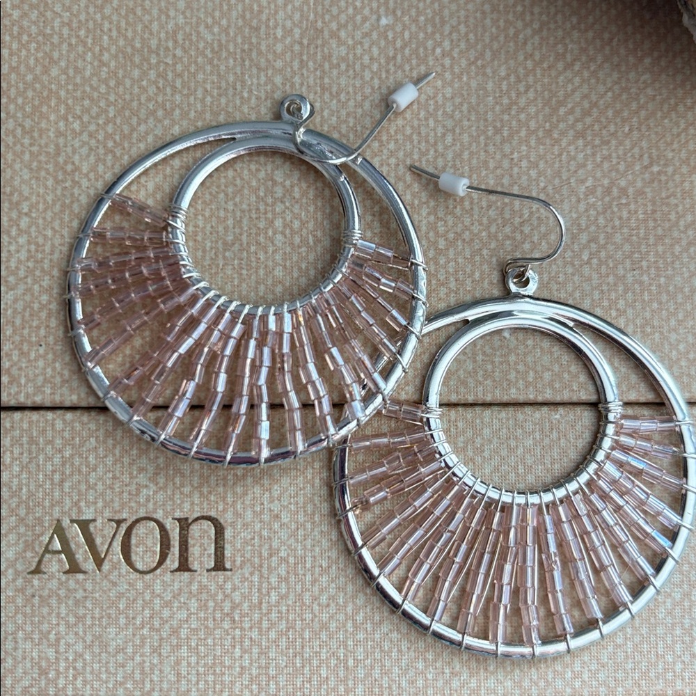 Vintage Avon Silver Hoop Bugle Bead Earrings Boho Artisan 2” Lightweight